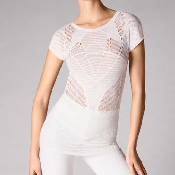 Wolford Cream Net Lace Laser Cut Short Sleeve Top - Picture 1 of 13